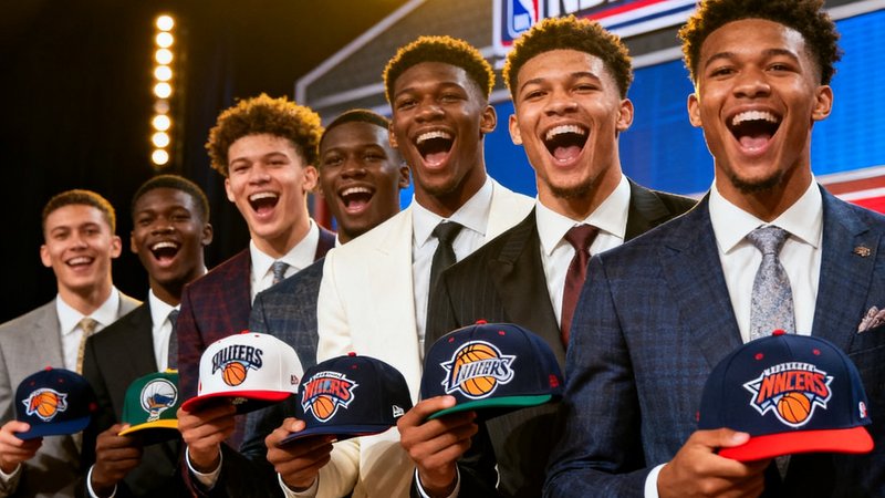 NBA选秀大会舞台上新秀球员手持球队帽子合影的新闻图片